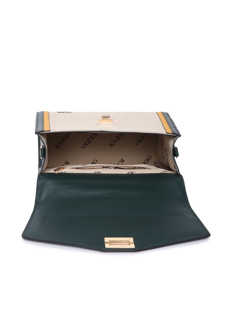 KLEIO Jute Canvas Top Handle Handbag for Women/Girls - Dark Green Mustard - Image 5
